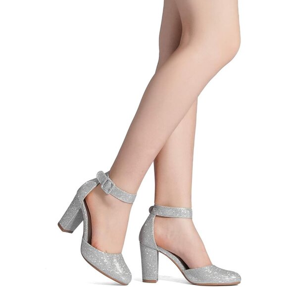 Dream Pairs Women Silver Glitter Faux Suede Block High Heel Closed Toe Sandal - Picture 7 of 8